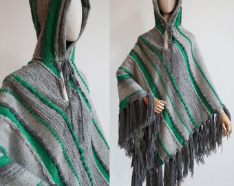 Vintage 1970’s-80’s | Large and smaller | Textural wool poncho with pixie hood and knotted fringe hem