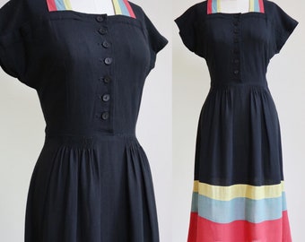 Vintage 1940’s | Small | Colour-block linen/cotton dress