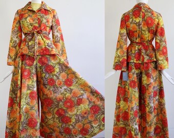 Vintage 1970's | Large | Marigold printed pant suit with extreme palazzo pants.