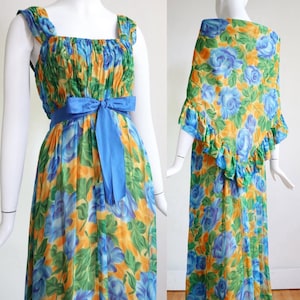 Vintage 1960&#39;s/70&#39;s | S-M | Blue rose print silk chiffon maxi dress with matching ruffled shawl