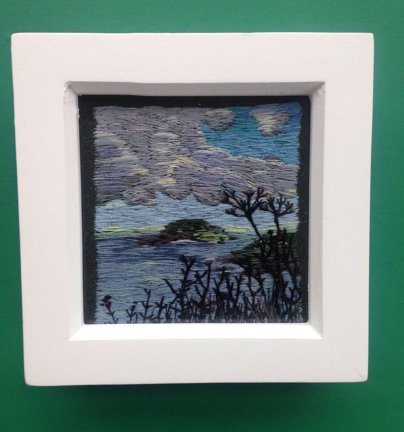 Cornwall Framed Hand Embroidered Thread Painting of Looe Island