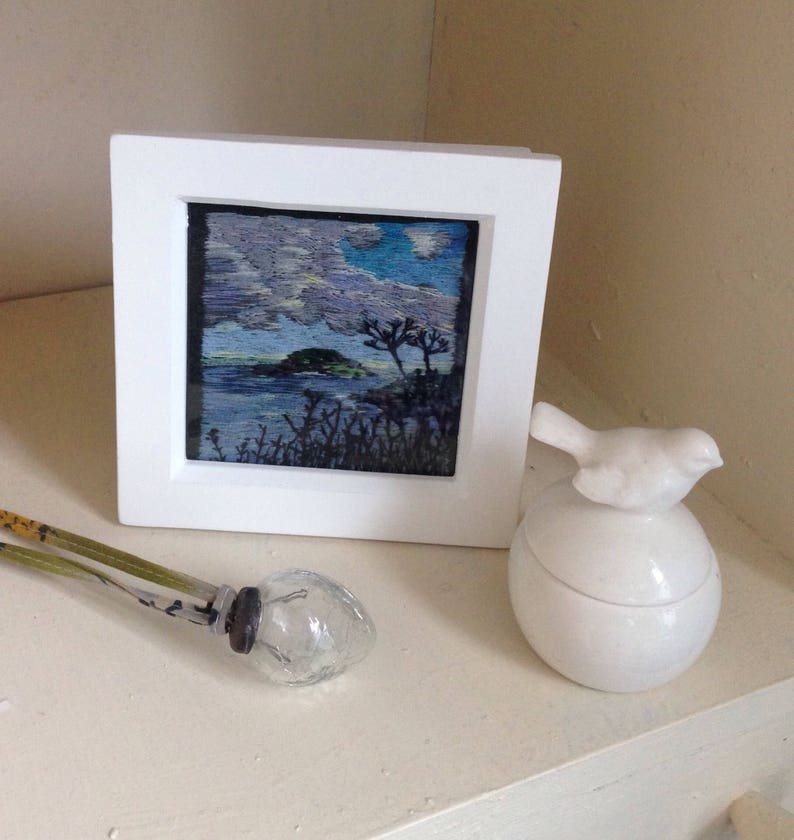 Cornwall Framed Hand Embroidered Thread Painting of Looe Island