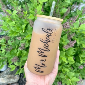 Personalized Mrs. Frosted Can Glass. Bridal Showe. Custom Bride. Future Mrs. Wedding Gift.