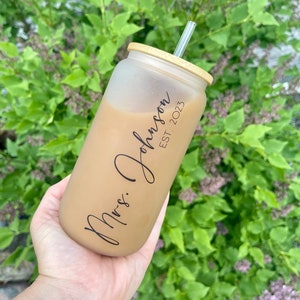 Personalized Mrs. Can Glass | Bride To Be Gift | Bridal Shower Gift | Gift for Bride | Iced Coffee Glass | Frosted Glass Cup | Wife Gift