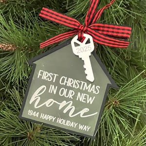 Personalized First Christmas New Home Ornament, Etched Acrylic Key