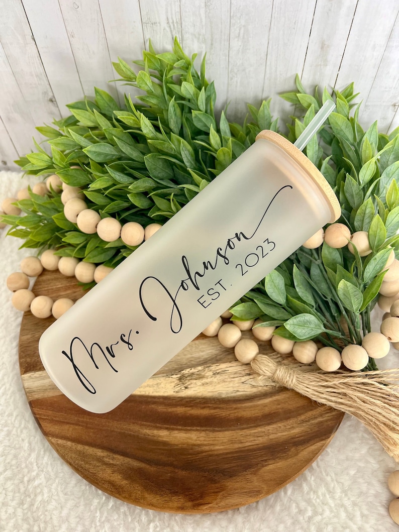 Personalized Mrs. Tumbler, Bride To Be Gift, Bridal Shower Gift, Gift for Bride, Iced Coffee Glass, Frosted Glass Cup, Gift For Wife.