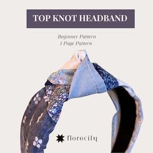 May include: A top knot headband featuring a patchwork design with various blue and white floral and geometric patterns. The text TOP KNOT HEADBAND, Beginner Pattern, 1 Page Pattern, and the brand name florocity are visible on the image.