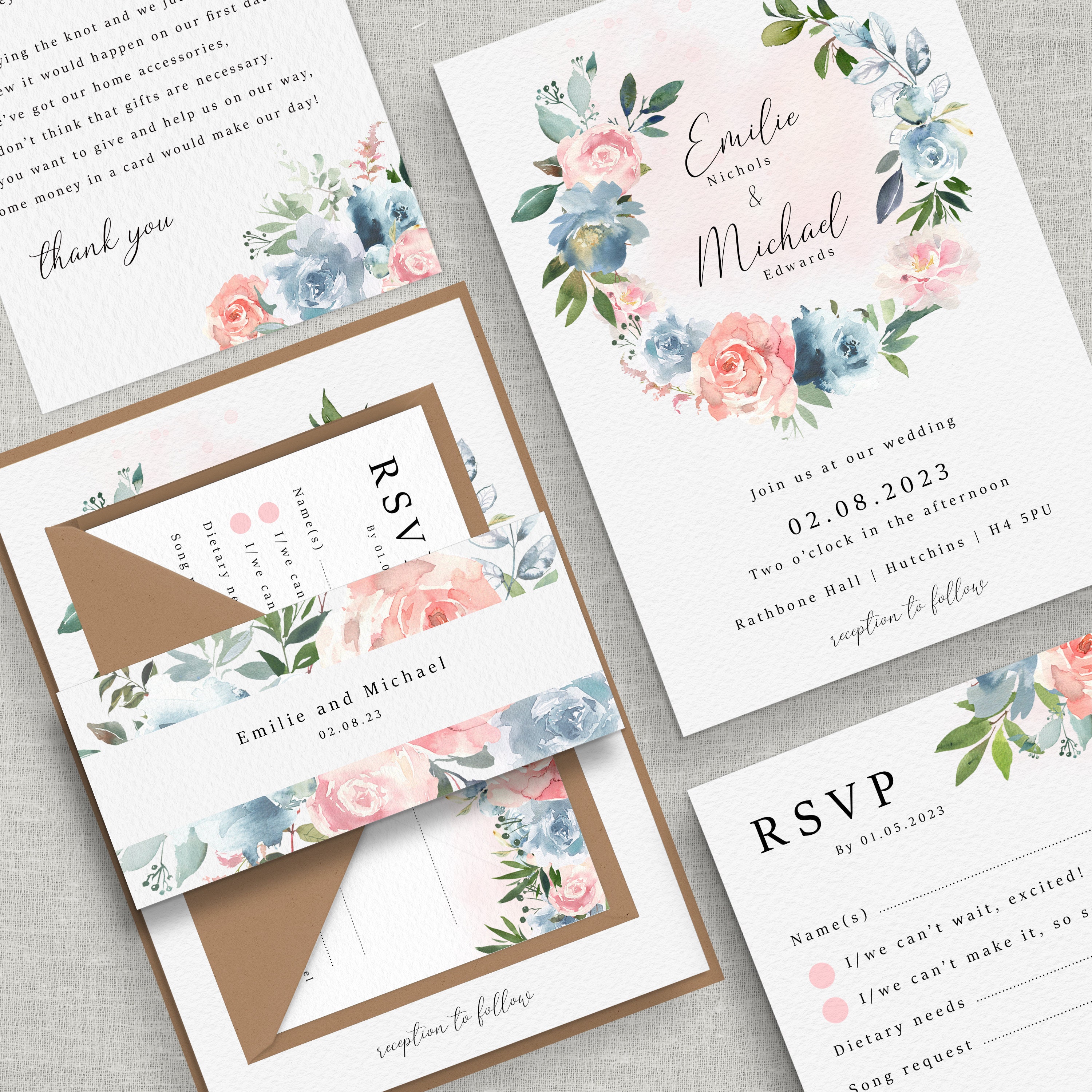 Pink Blue Wedding Invitation Soft Floral Wedding Invites / | Etsy UK