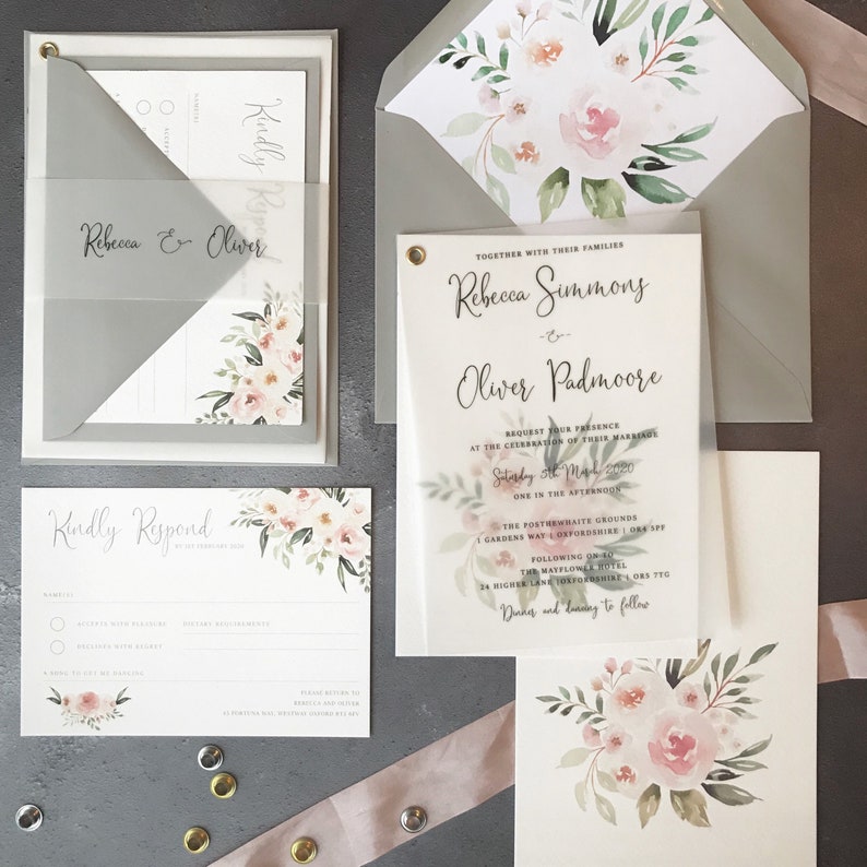 Vellum Wedding Invitation Floral pink invitations Invites