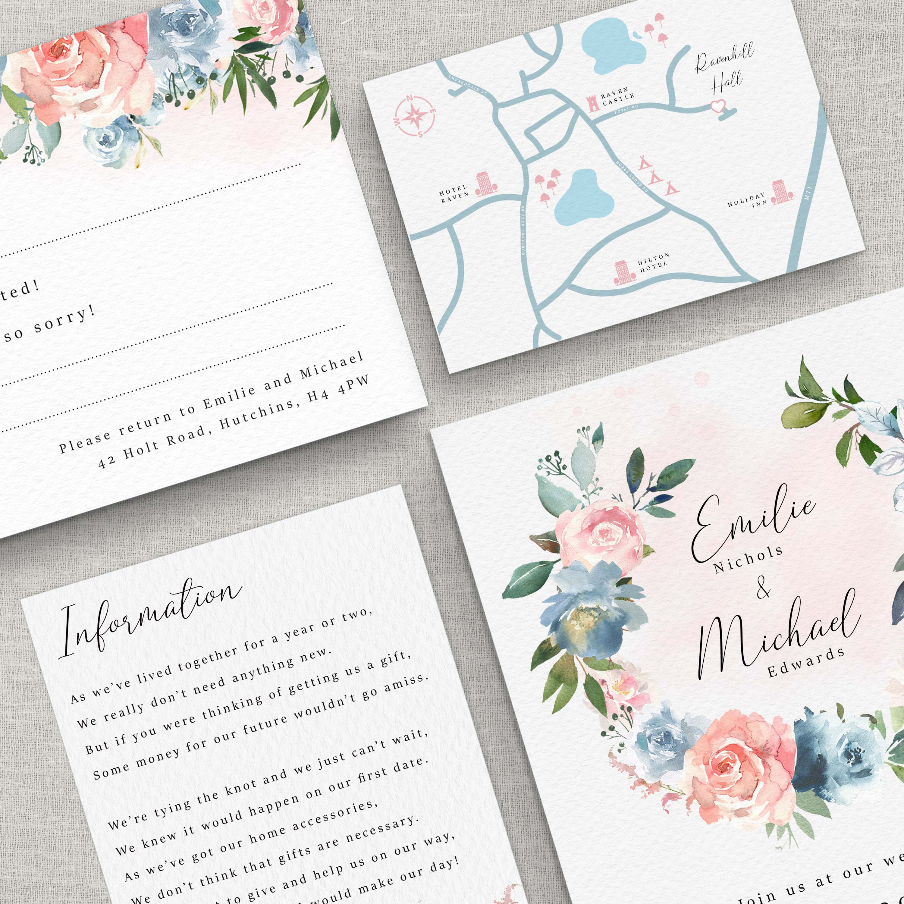Pink Blue Wedding Invitation Soft Floral Wedding Invites / | Etsy UK