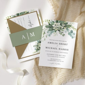 Botanical Wedding Invitation Set Wedding Invitation with Bellyband & RSVP, Green Leaf Eucalyptus Wedding Stationery Rustic Sample