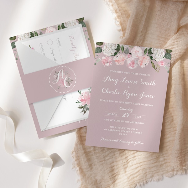 Blush Wedding Invitation Soft - Floral Wedding Invites / Wedding Invitations Set / Modern Wedding Stationery with RSVP and Belly band