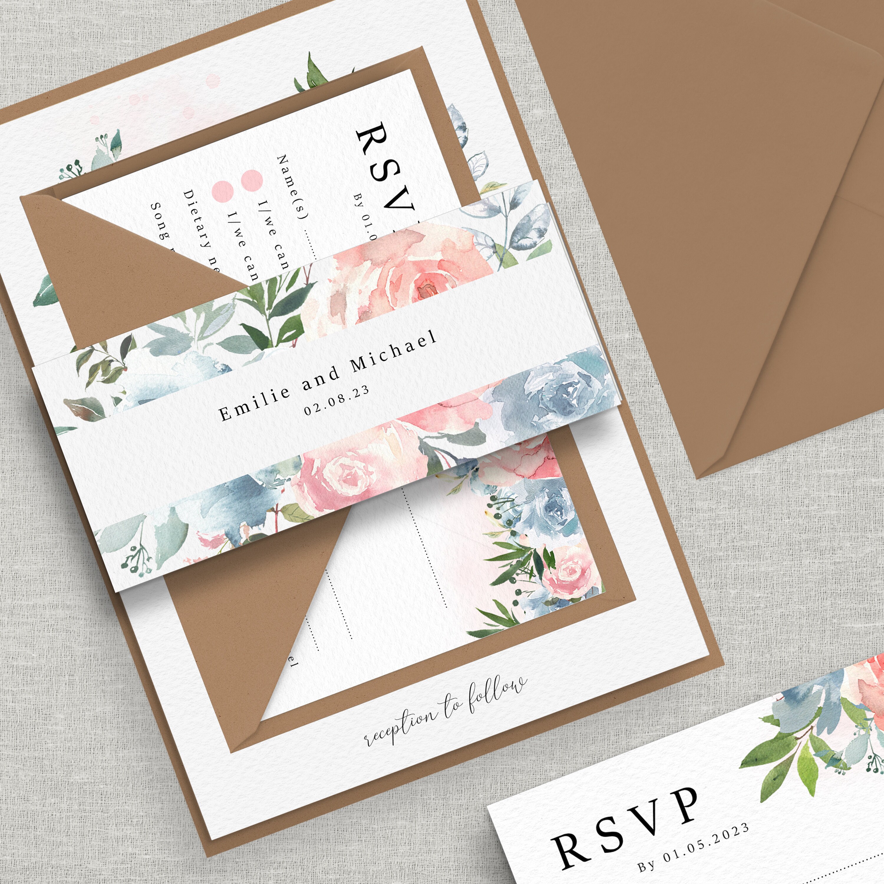 Pink Blue Wedding Invitation Soft Floral Wedding Invites / | Etsy UK