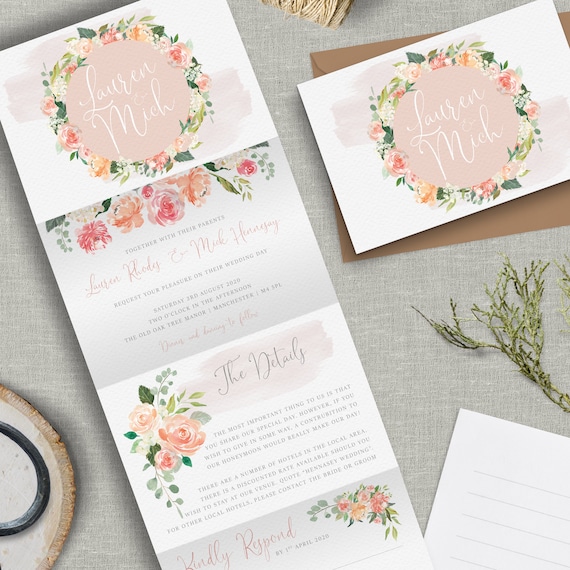 De Lujo Rústico Boda Invitaciones Personalizado Rosa/Gris/Floral paquetes de 10 De Lujo Rústico Boda Invitaciones Personalizado Rosa/Gris/Floral paquetes de 10