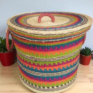 Colorful Bolga Laundry Basket with Lid – Handwoven African Storage Hamper – Bright Boho Home Decor