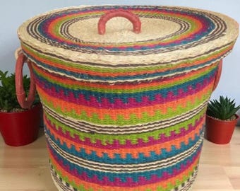 Colorful Bolga Laundry Basket with Lid – Handwoven African Storage Hamper – Bright Boho Home Decor