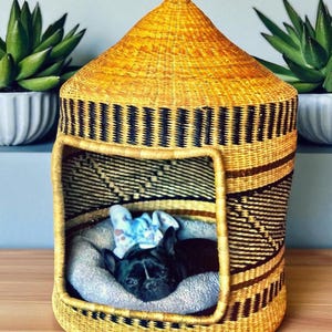K&ouml;nnte beinhalten: Gewebtes Haustierbett mit gew&ouml;lbtem Dach. Das Bett besteht aus gelbem und schwarzem gewebtem Material. Ein schwarzer Hund ruht darin auf einem grauen Kissen mit einer blau-wei&szlig; gemusterten Decke.
