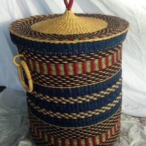Laundry Basket, Beautiful Laundry Basket, Best Storage Basket, Ghana Basket , Lidded Laundry Hamper, Round woven basket