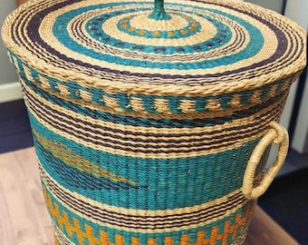 Handwoven Bolga Laundry Basket with Lid – African Woven Storage Hamper – Colorful Boho Home Decor