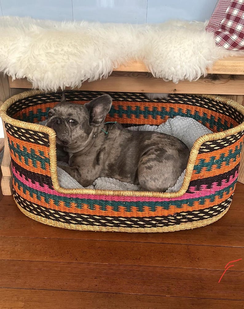 May include: A gray and white French bulldog dog laying in a woven oval pet bed with a colorful geometric pattern. The bed is made of natural materials and has a soft, comfortable lining.