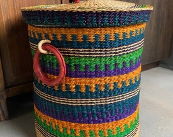African Woven Basket: Round Storage Basket with Leather Handles