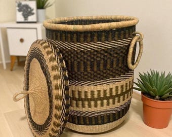 Handwoven African Laundry Basket: Bolga Basket with Leather Handles
