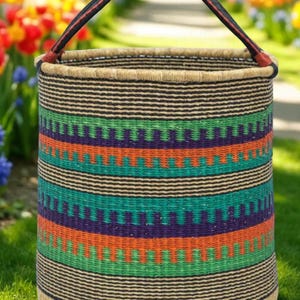 Multicolor Bolga Laundry Basket with Leather Handles – Handwoven African Storage Hamper – Large Wicker Boho Decor