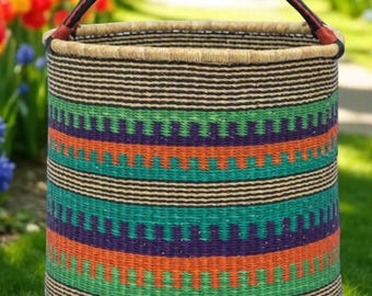 Handwoven Bolga Laundry Basket: Multicolor African Wicker Hamper with Leather Handles