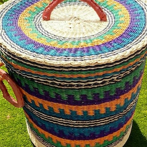 Multicolor Bolga Laundry Basket with Lid – Handwoven African Storage Hamper – Vibrant Boho Home Decor