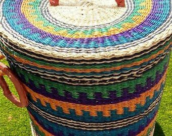 Multicolor Bolga Laundry Basket with Lid – Handwoven African Storage Hamper – Vibrant Boho Home Decor