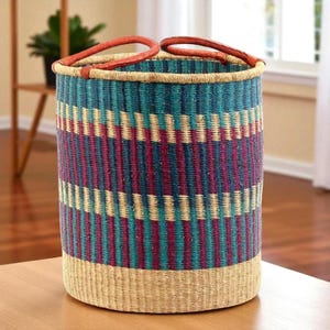 Colorful Bolga Laundry Basket with Leather Handles – Handwoven African Storage Hamper – Wicker Home Decor