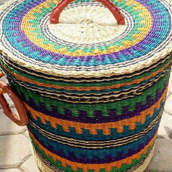 Laundry Basket, Beautiful Laundry Basket, Best Storage Basket, Ghana Basket , Lidded Laundry Hamper, Round woven basket