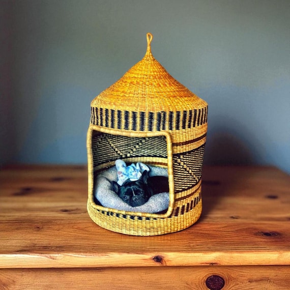 Yellow & Black Bolga  Cat Basket – Handwoven Pet Bed – African Straw Pet House