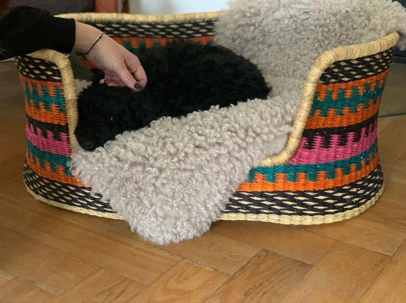 May include: A black dog resting in a woven pet bed with a white fluffy cushion. The bed has a colorful geometric pattern with orange, pink, teal, and black stripes.