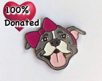 Grey and White Pitbull Pink Bow | Hard Enamel Pin | Pittie Love | Dog Accessories | Animal Rescue | Charity Pin | Bully Breed