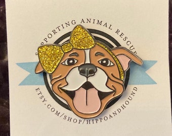 Brown and White Pitbull | Hard Enamel Pin | Pittie Pin | Dog Pin | Gold Bow | Animal Rescue | Fundraiser | Pet Adoption Badge