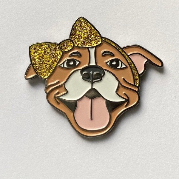 Brown and White Pitbull | Hard Enamel Pin | Pittie Love | Dog Accessories | Gold Bow | Animal Rescue | Fundraiser | Pet Adoption Badge
