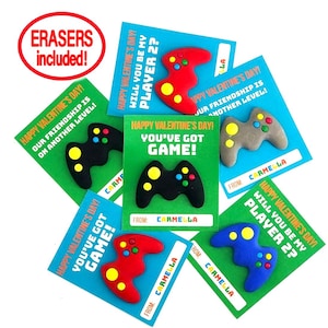 Video Game Valentine Cards for kids with Gamer eraser favor, Personalized Kids Valentines Day Card Boy girl School party, Teacher Class
