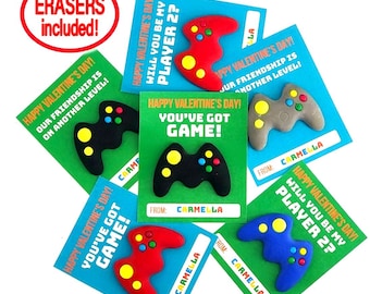 Video Game Valentine Cards for kids with Gamer eraser favor, Personalized Kids Valentines Day Card Boy girl School party, Teacher Class