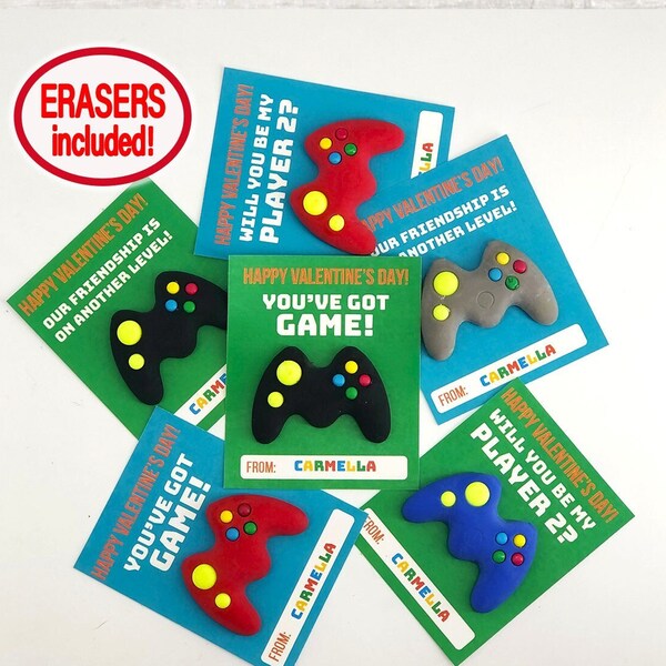 Video Game Valentine Cards for kids, Personalized Kids Valentines Day Card for Boy girl Gamer eraser, School party Class favor gift