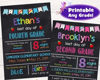 Last Day of School Sign ANY GRADE, Digital School Chalkboard Printable Personalized Sign Customized girls boys Preschool Kindergarten etc