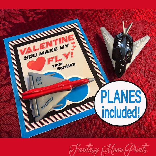 Jet Airplane Valentine's Day cards for Kids, Personalized Navy fighter weapons school Plane Valentine Card NonCandy Favor school class party