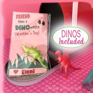 Dinosaur Valentine Card for girls, Kids Personalized Pink Valentines Day Dinosaur Dinomite Valentines, Printed for Class, School, Classroom