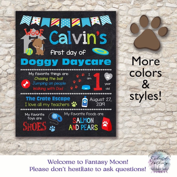 DOGGY DAYCARE Sign pet photo prop, Puppy Dog First Day of School Gift for Dog Owner Personalized Chalkboard, Digital Printable