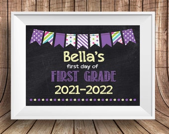 Digital Printable First Day of School Sign Custom Chalkboard for Girls, Purple Personalized Back to School Sign Photo prop poster ANY GRADE