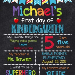 May include: A black chalkboard with colorful decorations announcing Michael's first day of kindergarten. The chalkboard lists his favorite things, his age, his teacher's name, his school, and his favorite color.