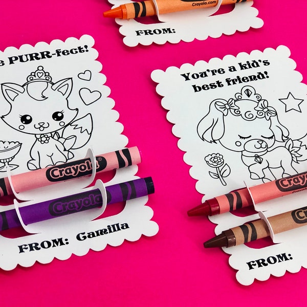 Cat Dog Valentine Card, Kitty Valentine’s Day Coloring Card for kids with 2 Crayons! Personalized School party craft PRINTED Classroom puppy