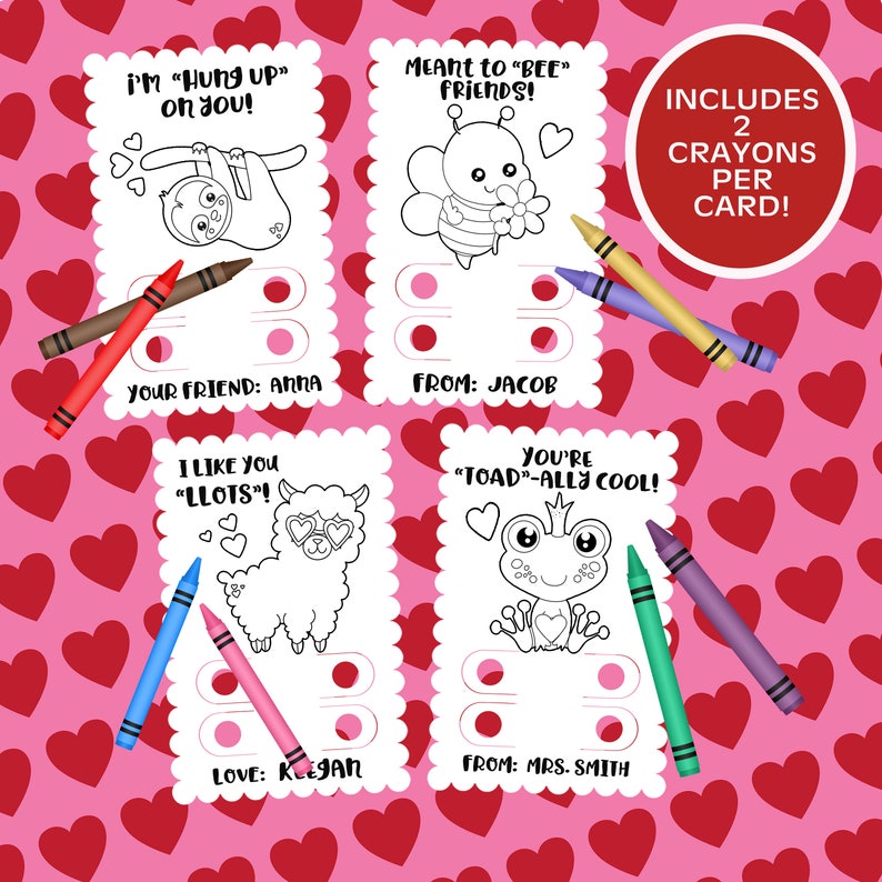 Crayon Valentines Day Cards for Kids, PERSONALIZED Coloring Valentines for preschool party, Classroom animals, dinosaurs, kittens, trucks image 6