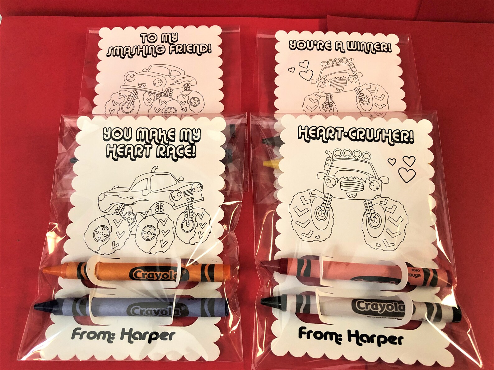 Monster Truck Valentines Day Coloring Cards Crayons & Bags | Etsy