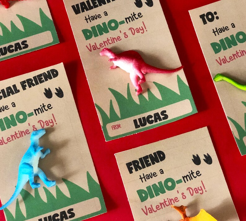 Dinosaur Valentine Cards for Kids, Personalized Valentines for boys girls class party, Valentine Gift from Teacher, Classroom NonCandy Favor image 11